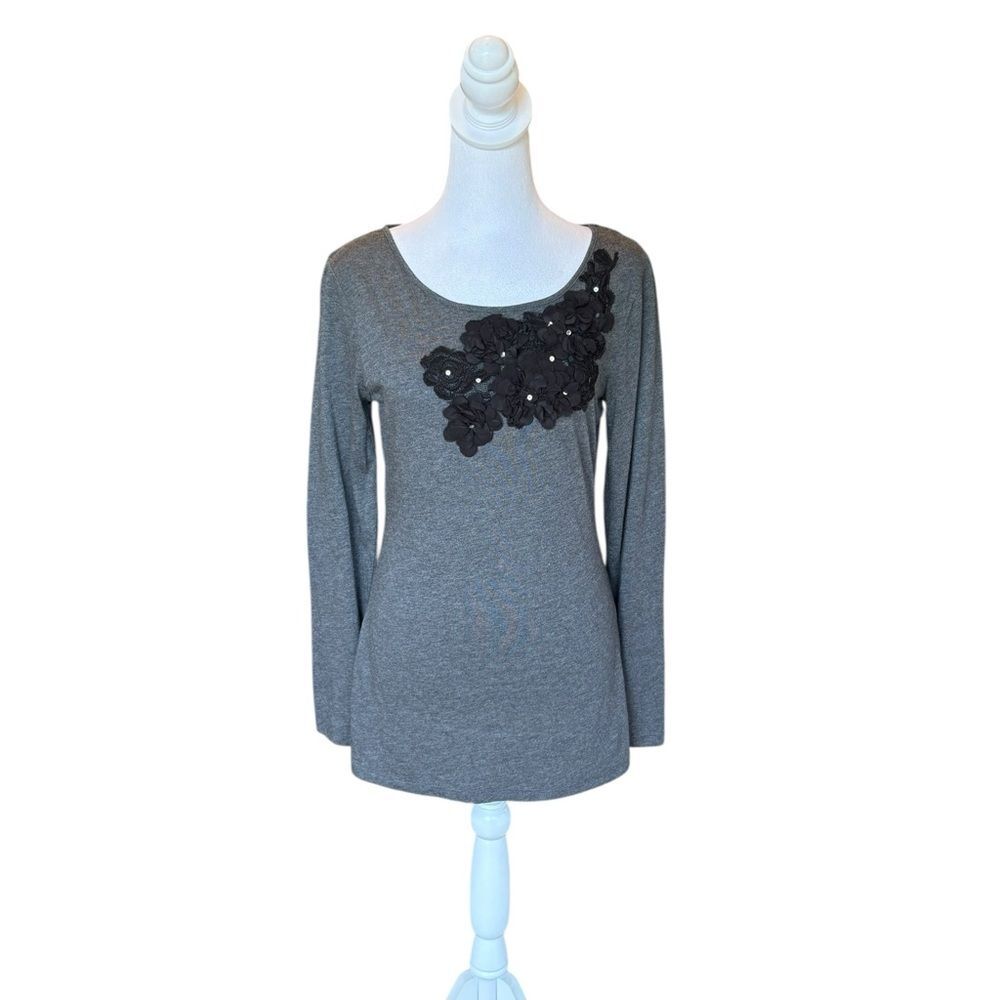 Garnet Hill Embellished Long Sleeve Top Womens Small Gray Black